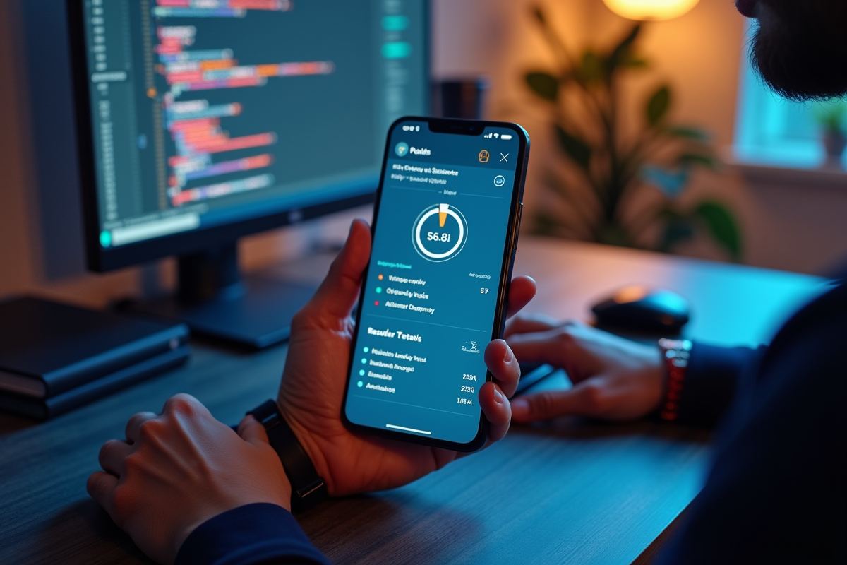Smartphone affichant un test de vitesse de site dans un espace de travail moderne