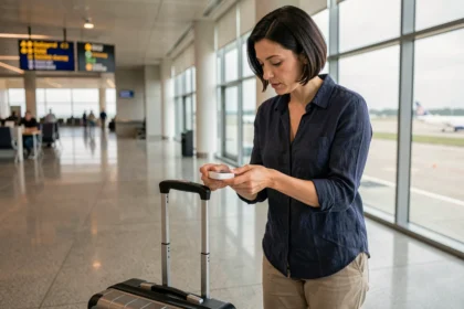 Femme attachant un traceur GPS sur une valise à roulettes dans un terminal d'aéroport moderne