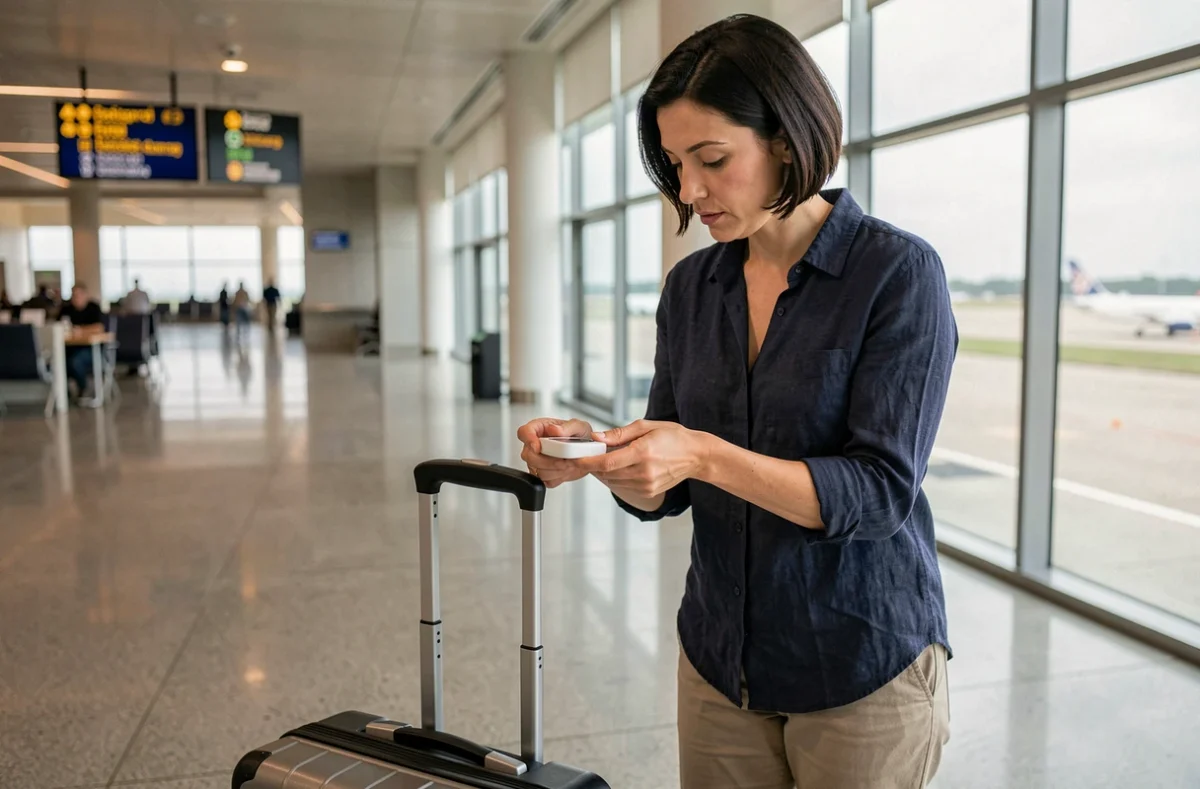 Femme attachant un traceur GPS sur une valise à roulettes dans un terminal d'aéroport moderne