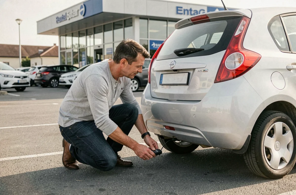 Homme plaçant un traceur GPS discret sous le pare-chocs d'une voiture de location dans un parking européen