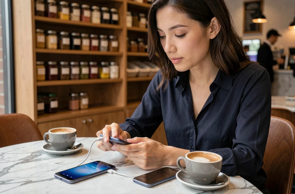 Femme utilisant un câble USB-C pour transférer des données entre deux téléphones Samsung dans un café