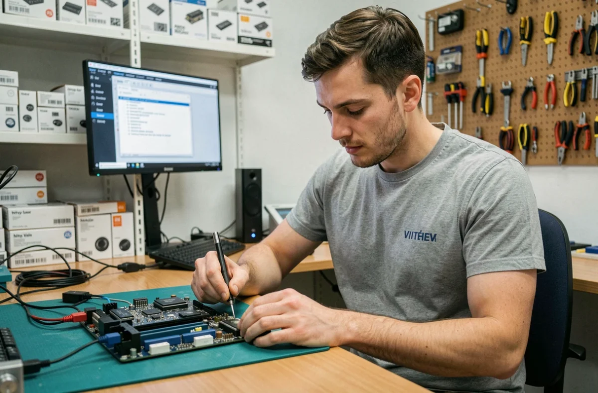 Technicien d'Utech Informatique réparant une carte mère dans son atelier à Vitry-sur-Seine