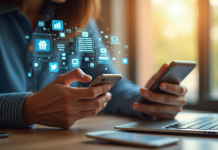 Personne utilisant un smartphone au bureau avec icônes digitales