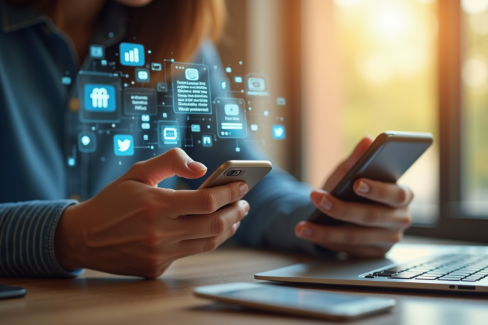 Personne utilisant un smartphone au bureau avec icônes digitales