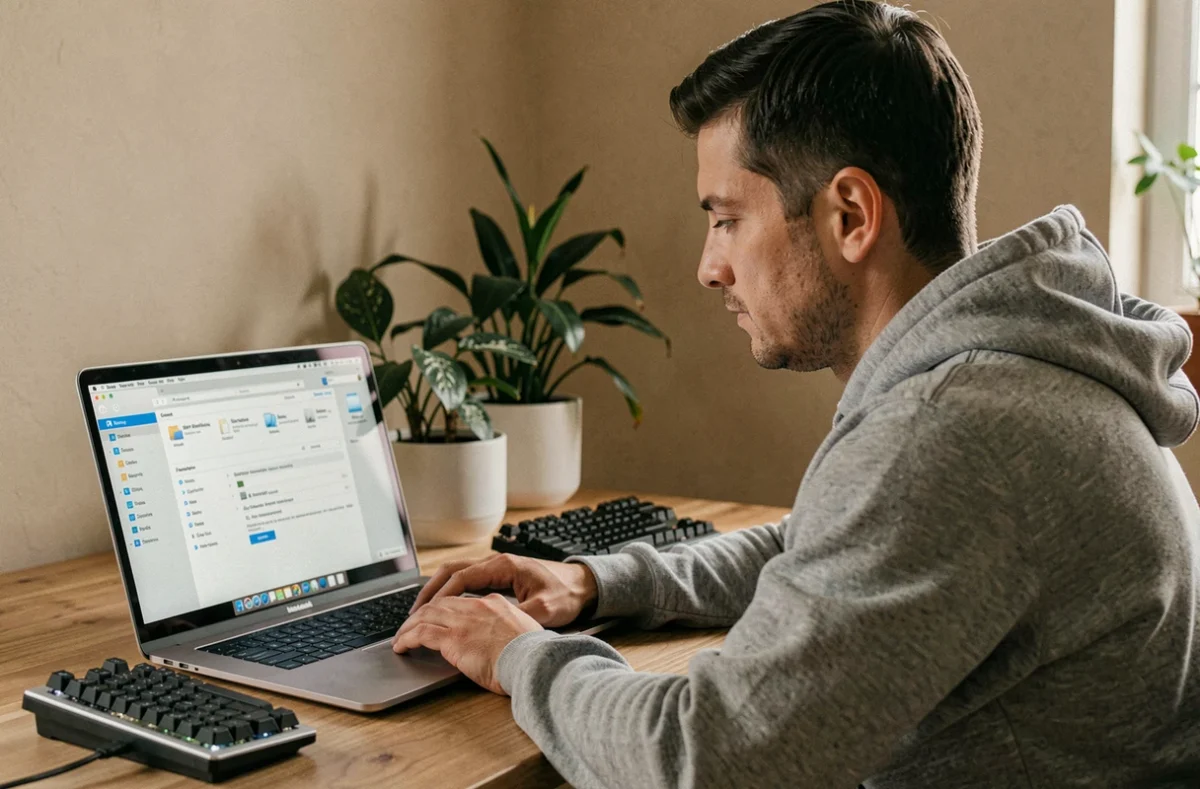 Homme en sweat gris vidant le cache de son MacBook Pro sur un bureau en bois dans un bureau à domicile moderne