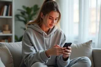 Jeune femme consultant anonymement des stories Instagram sur son smartphone dans un appartement moderne