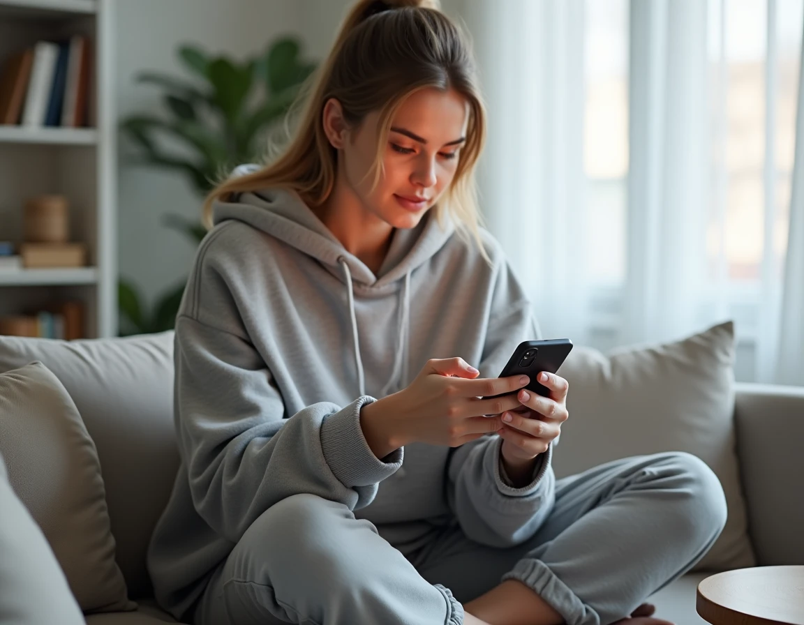 Jeune femme consultant anonymement des stories Instagram sur son smartphone dans un appartement moderne