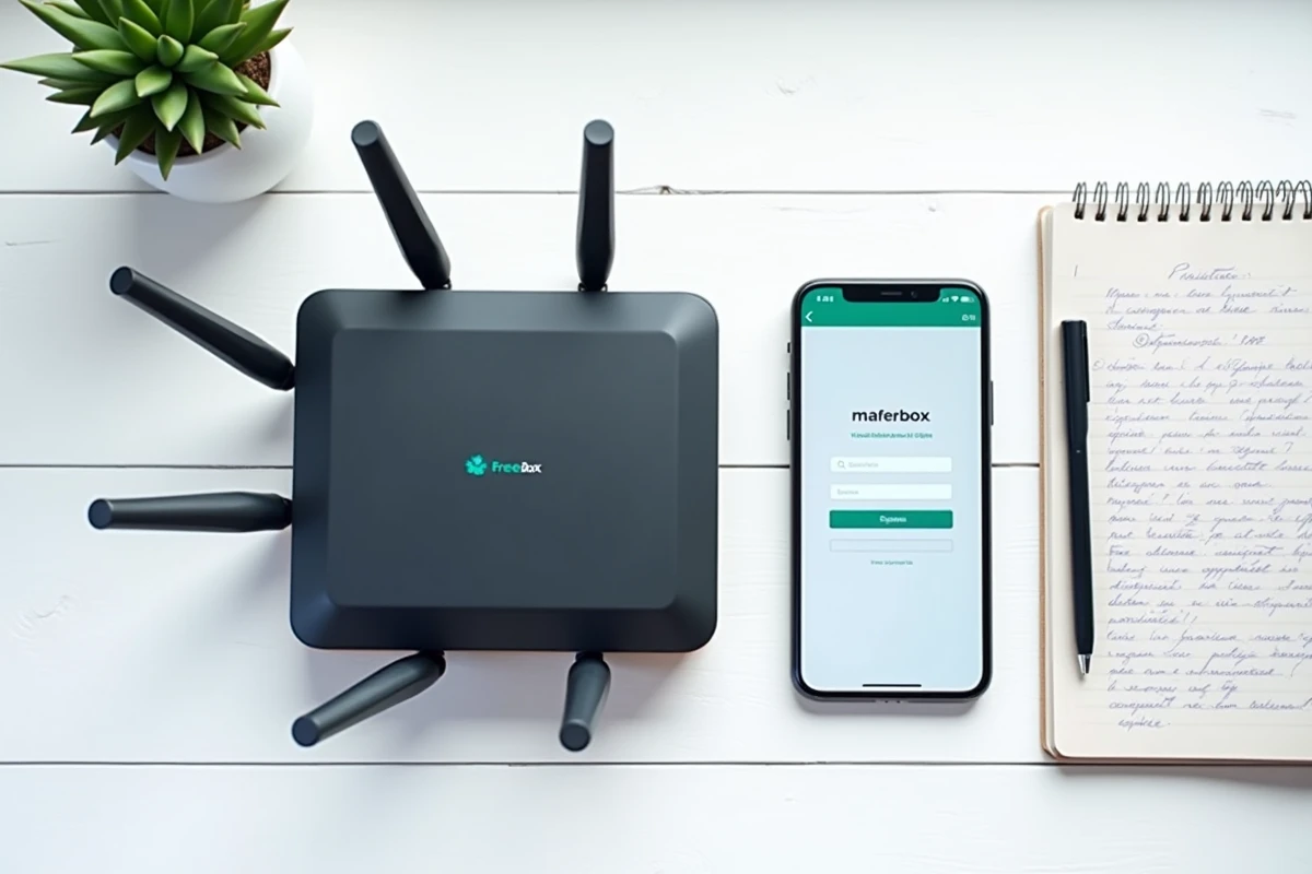 Vue aérienne du routeur Freebox et d'un smartphone affichant l'interface de contrôle parental mafreebox.freebox.fr