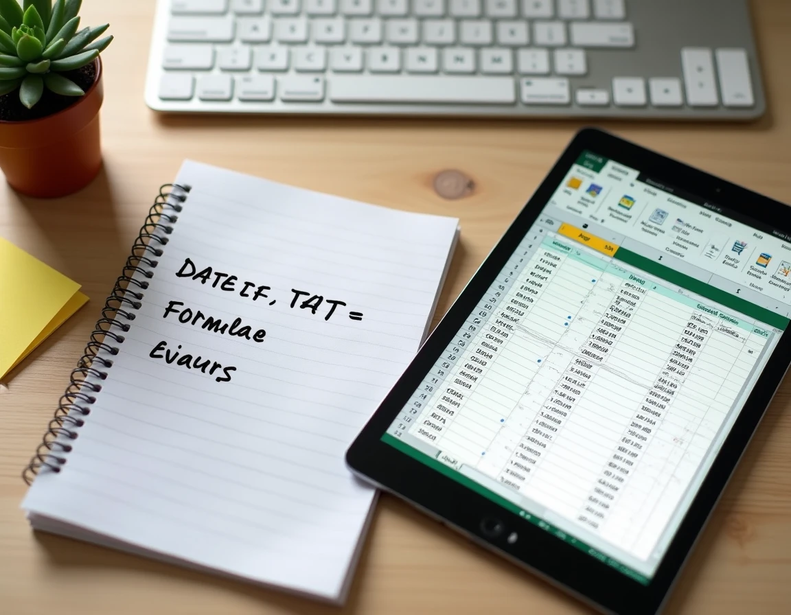 Vue aérienne d'un bureau avec une tablette affichant un tableau Excel de calcul automatique d'âge et des notes manuscrites de formules