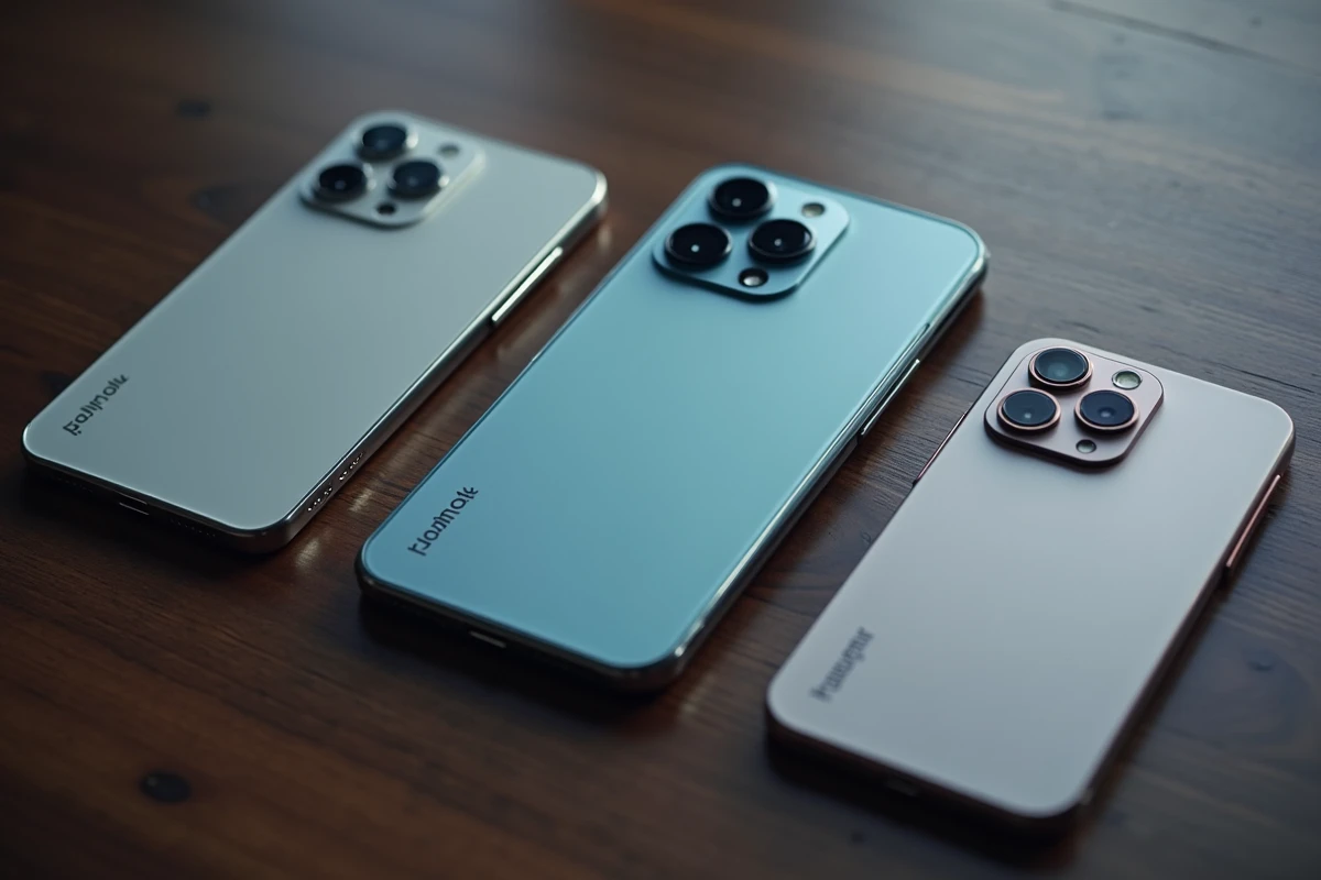 Vue de dessus de trois smartphones Android dos retourné révélant les modules caméra du Xiaomi Samsung et Google Pixel