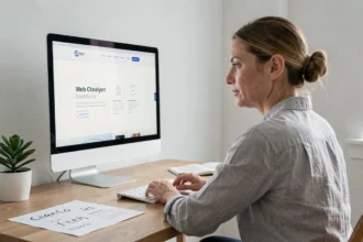 Webdesigner femme travaillant sur une mise en page centrée avec typographie CSS sur grand écran