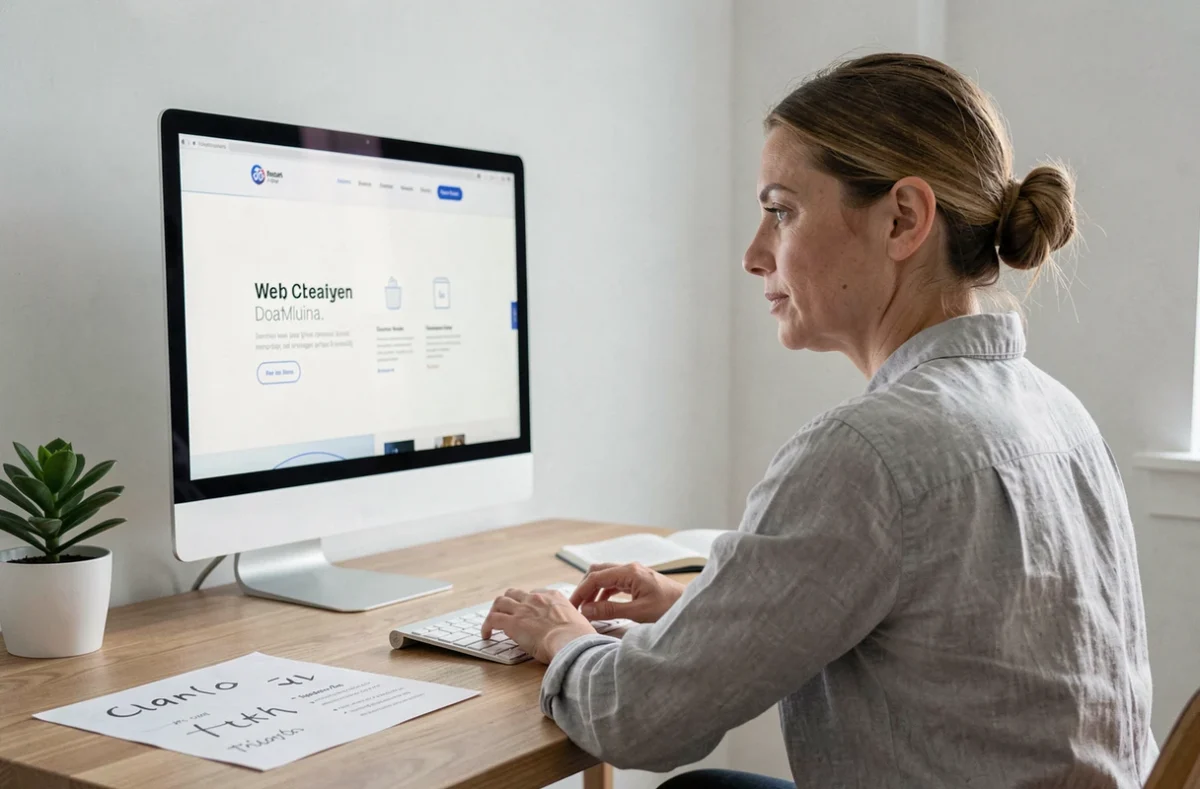 Webdesigner femme travaillant sur une mise en page centrée avec typographie CSS sur grand écran